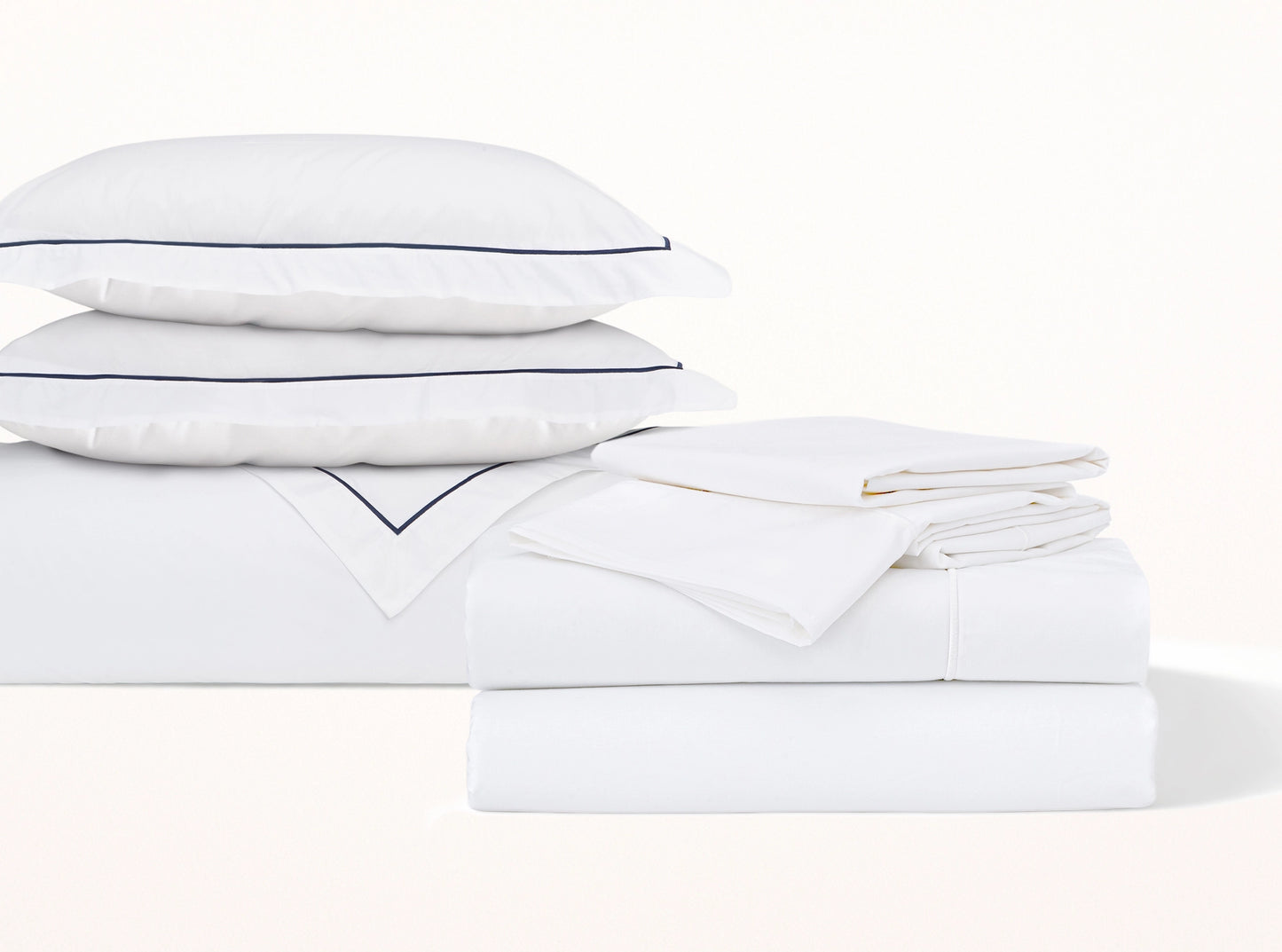 White organic cotton percale bedding bundle with navy embroidered detail - complete set-white-white