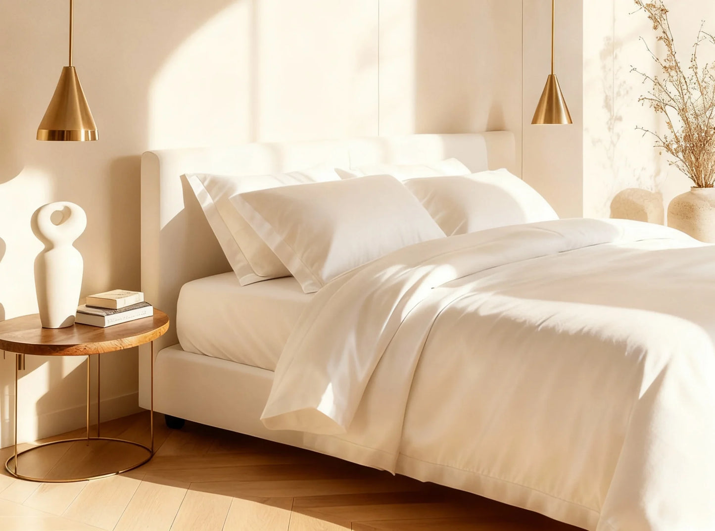 White organic sateen bedding bundle styled on a bed in a warm modern bedroom with gold accents-white