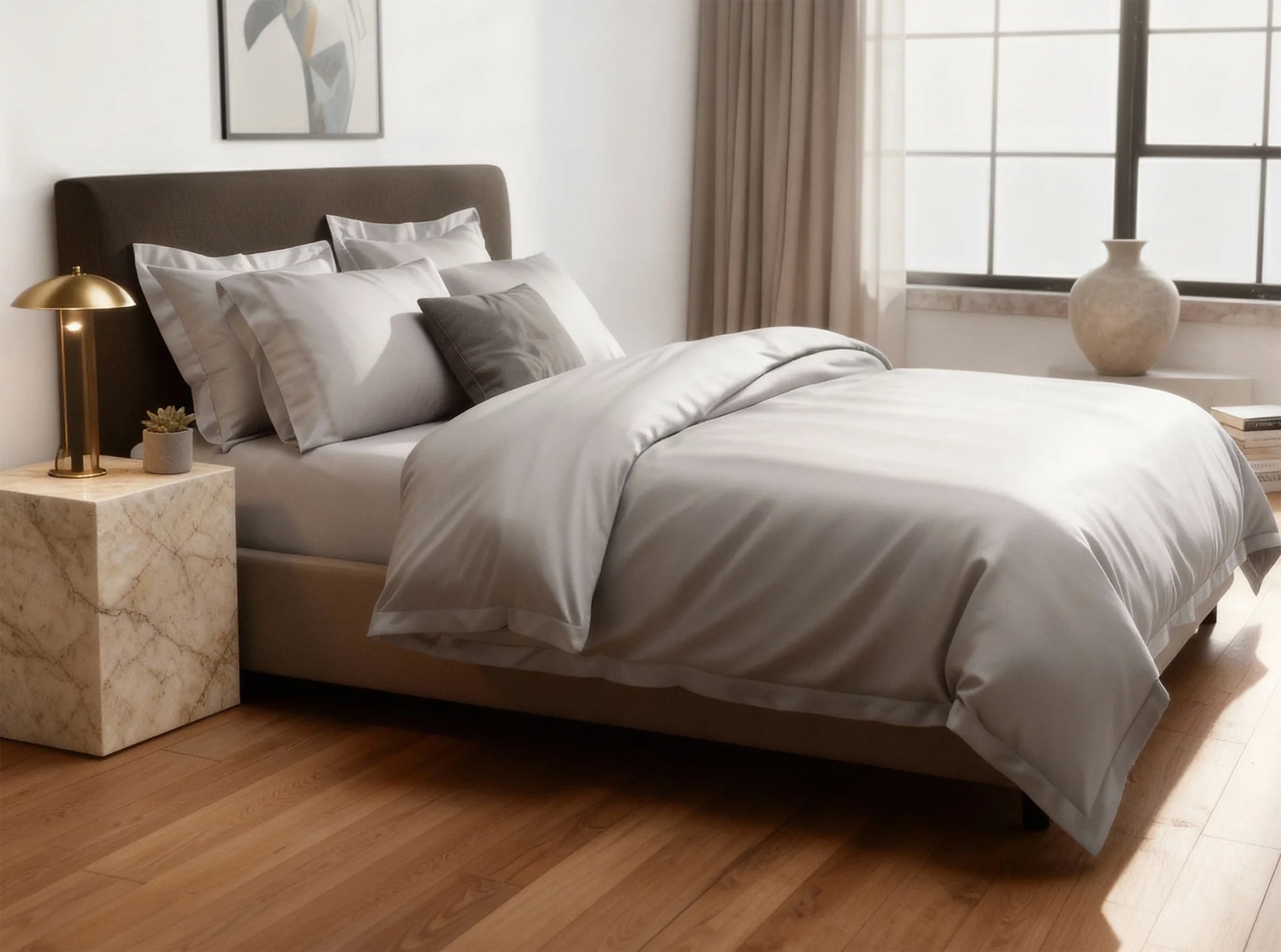 Quiet gray organic cotton sateen sheets styled on a bed in an elegant modern bedroom - luxury bedding
