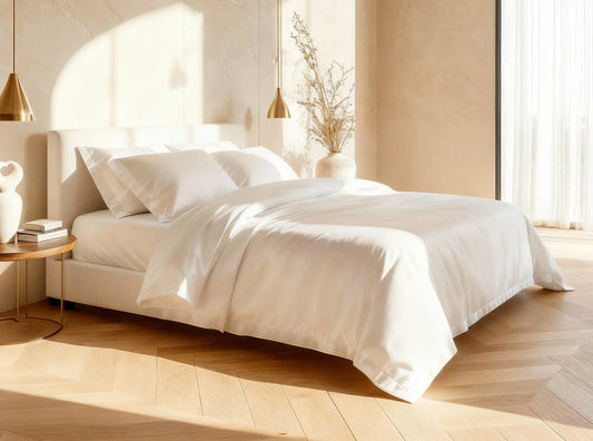White organic cotton sateen duvet cover on bed - buttery soft luxury bedding
