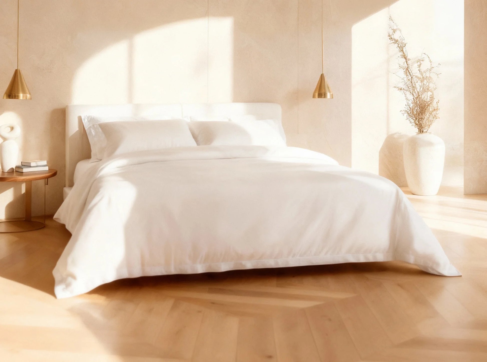 Complete organic sateen bedding set styled on a queen bed - white hemstitched luxury sheets